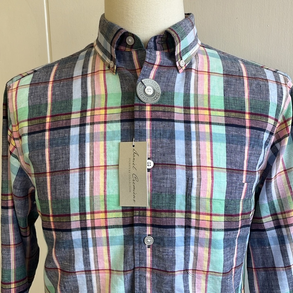 NWT Daniel Cremieux Signature Collection Stretch Linen Plaid Button Shirt Med